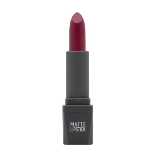 En läppstift med rosa färg och ett mörkgrått hölje, märkt "Matte Lipstick."