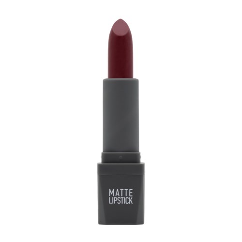 Ett grått läppstiftfodral med matt läppstift inuti, märkt "MATTE LIPSTICK" på botten.