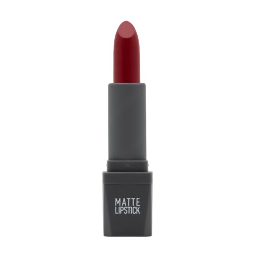 Ett rött läppstift i ett grått fodral med etiketten 'Matte Lipstick' står upprätt.