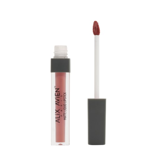 A lip gloss tube with a pink color and a wand applicator with a pinkish-brown lip gloss on it.
