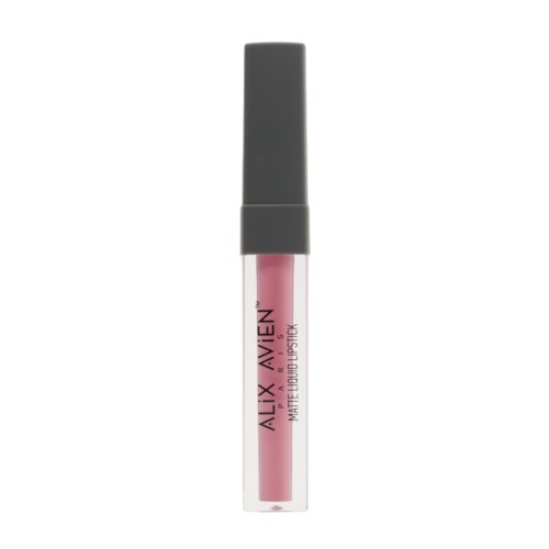 En liten tub med rosa flytande läppstift med en grå kork. Varumärket är synligt på tuben.
