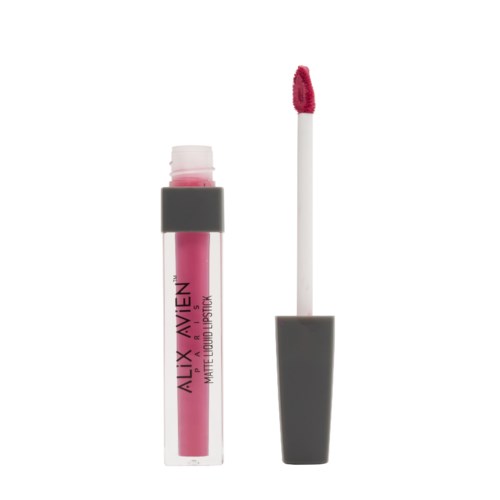 Läppglansrör med rosa färg och svart och vit lock, med borsten borttagen och visar rosa gloss.