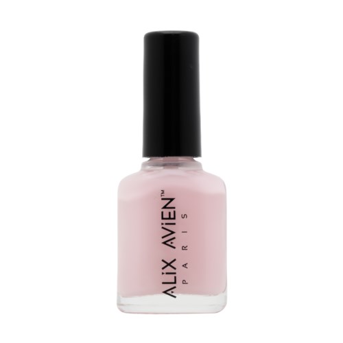 En ljus rosa nagellackflaska med svart lock, märkt ALIX AVIEN PARIS.