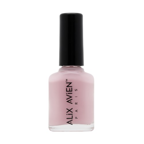Nagellackflaska i rosa med svart lock och svart text. Märke är Alix Avien Paris.