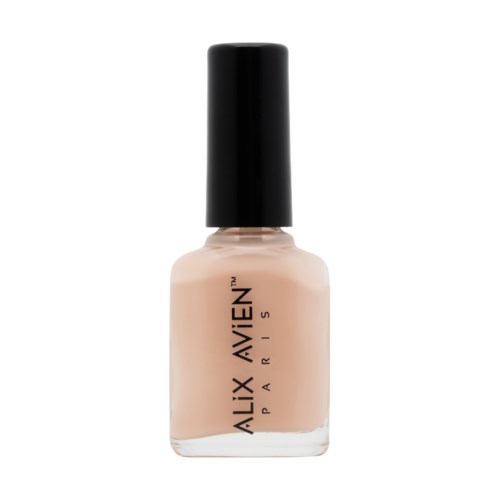 Nagellackflaska i rosa med svart kork och märket Alix Avien Paris på fronten.