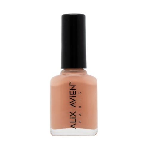 En flaska nagellack i hudfärgad nyans med svart lock, märkt 'AUX VIEN PARIS.'