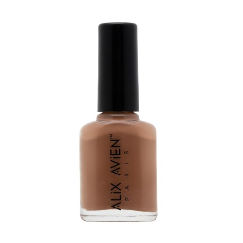 En flaska nagellack i beige färg med svart lock, märkt 'Alix Paris'.