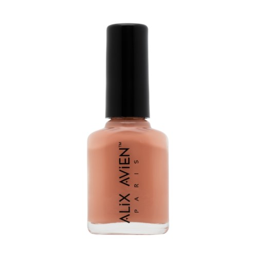 En flaska med beige nagellack med svart lock och etiketten 'Alix Avien Paris'.