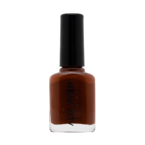 En brun nagellackflaska med svart lock och klar botten, märkt 'AVIXN' och 'NAILS'.