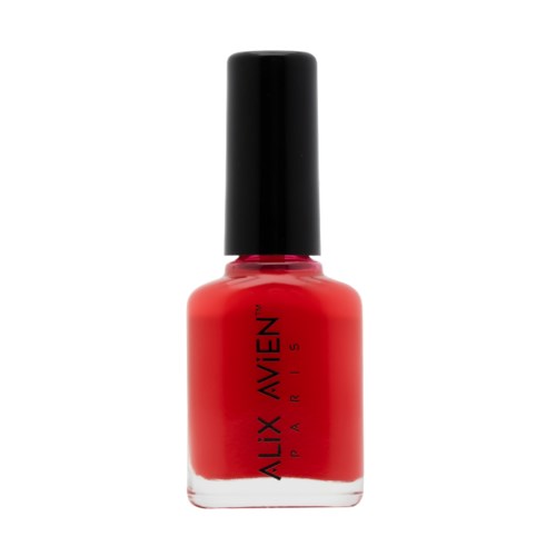 Röd nagellackflaska med svart lock, märkt "Alyx" och "Paris".