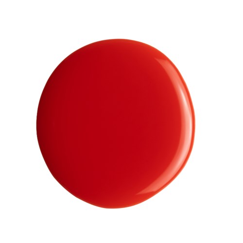 En stor röd rund sak med glänsande yta, platt på ena sidan och rundad. Troligen en boll.
