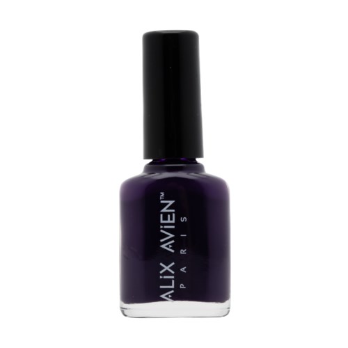 En lila nagellackflaska med svart lock, märkt "ALIX AVIEN PARIS."
