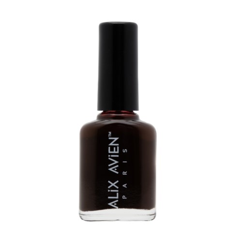 En mörk nagellackflaska med svart lock och vitt text som lyder 'ALEXINV PARIS'.