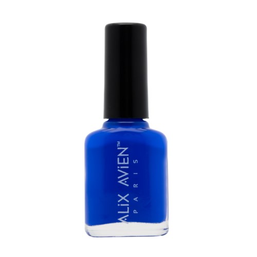 Blå nagellackflaska med svart lock, märkt ALIX AVIEN PARIS.