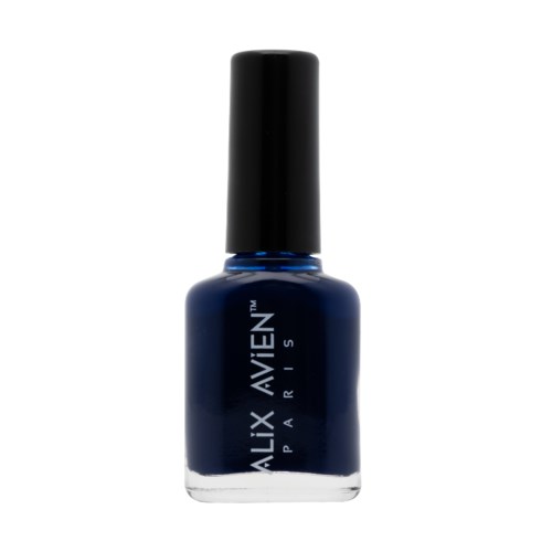 En mörkblå nagellackflaska med svart lock och vit text som säger "ALEX IEN PARIS."