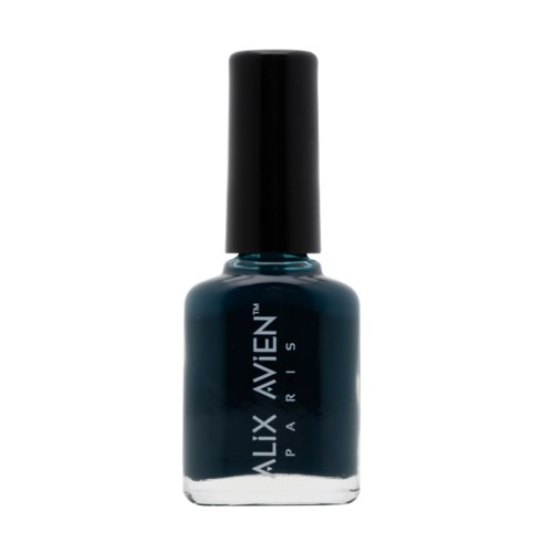 Mörkblå nagellacksflaska med svart kork, märkt 'ALIX PARIS RISE'.
