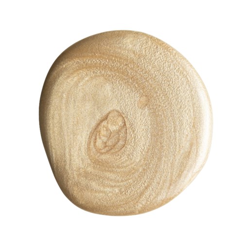 Ett runt, beige föremål med en liten, ojämn knöl i mitten, liknar ett trästycke eller deg.