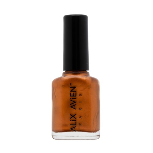 En flaska med orange nagellack och svart lock, märkt 'ALEX AVIEN PARIS'.