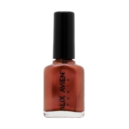 En flaska nagellack i roséguldfärg med svart lock. Etiketten säger "ALEX AVIEN".