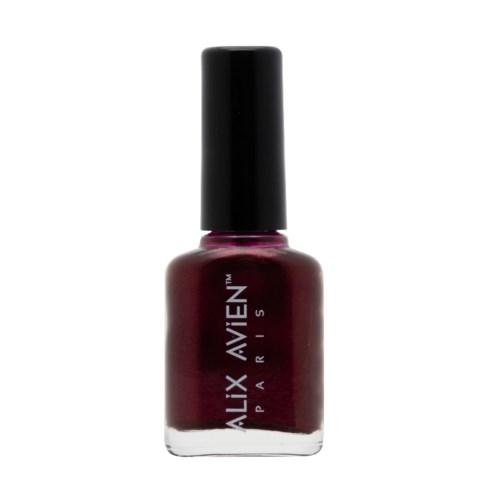 En flaska med mörkröd nagellack med svart lock, märkt 'ALIX PARIS'.