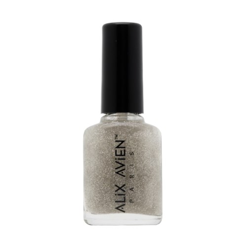 En genomskinlig nagellacksflaska med svart lock, märkt "AUXX AVIEN PARIS," fylld med glitterglittrig silverlack.