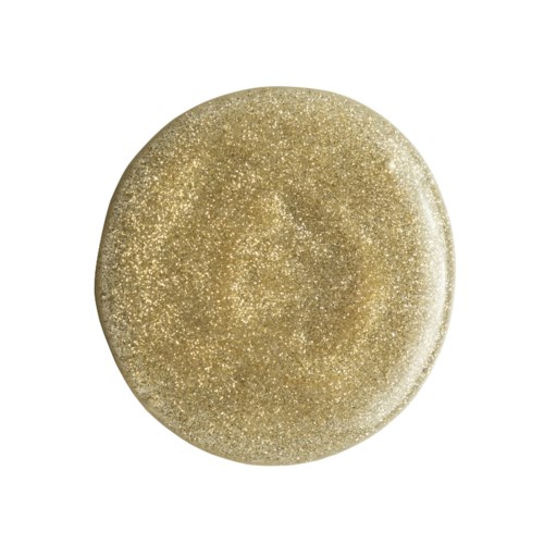 En rund, guldfärgad sak med glitteryta, glittrande och glänsande.