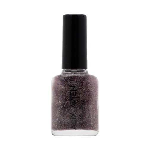 En flaska nagellack med glitterlila färg och svart lock.