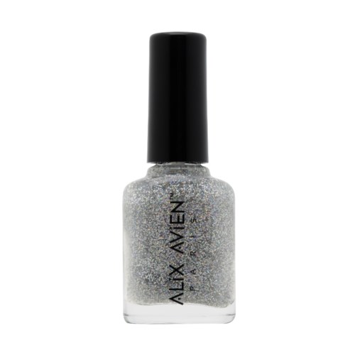 En klar nagellacksflaska med silverglitter inuti, svart lock och märket 'ALEX MYEN' på.