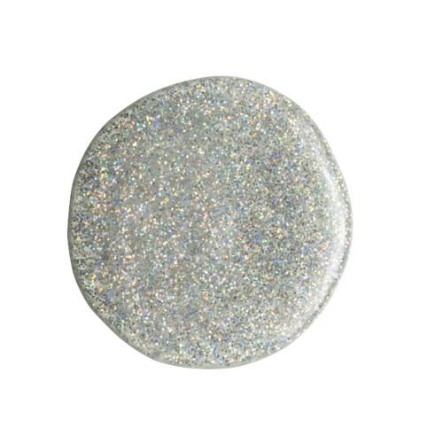Ett runt föremål täckt av glittrande, färgglad glitter. Det ser ut som en glitterknapp eller dekoration.