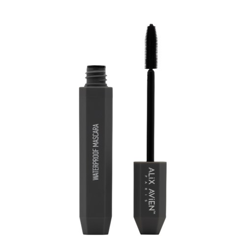 En svart vattentät mascara-rör och borste med en böjd borste. Enkel, modern design, märkt 'Waterproof Mascara'.