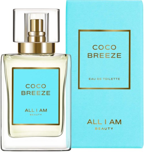 En parfyllflaska och ett paket med ljusblå etiketter och gyllene text, märkt Coco Breeze av All I Am Beauty.