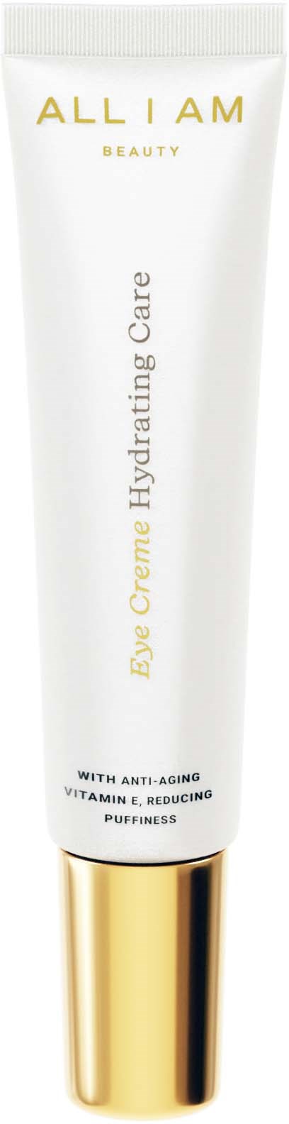 En vit tub med guldlock, märkt 'ALL I AM BEAUTY Eye Cream Hydrating Care' med fördelar listade nedan.