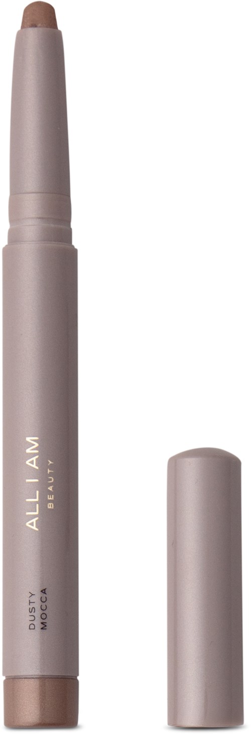 Ett beige läppbalsam med avtagbart lock och en tjock pennaform. Märket är All N. Det står "Dusty Mocc."
