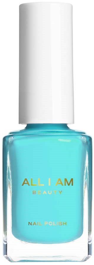 En blå nagellackflaska märkt 'ALL I AM BEAUTY' med vit kork.