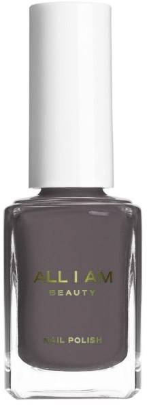En grå neglelakflaske med hvid hætte, mærket 'ALL I AM BEAUTY' og 'NAIL POLISH' nedenfor.