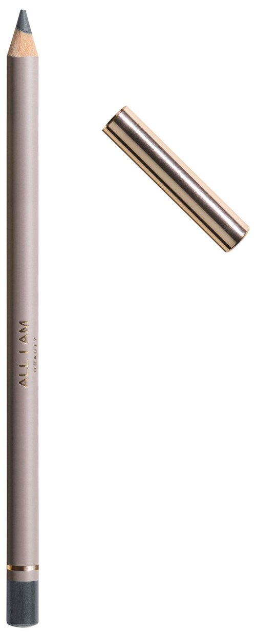 A pencil with a silver body and a metallic cap and a gray eraser at the bottom.