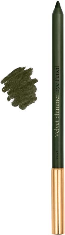 Zielony ołówek do cieni do oczu z złotą nakładką, oznaczony 'Velvet Shimmer Eye Pencil.'