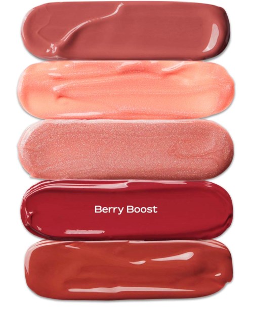 Six swatches of lip gloss or lipstick in various shades, including red, pink, and brown, with one labeled 'Berry Boost.'