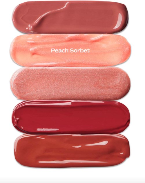 Viisi erilaista huulikiiltoa ovat järjestetty pystysuoraan, ja niissä lukee 'Peach Sorbet' toisella.