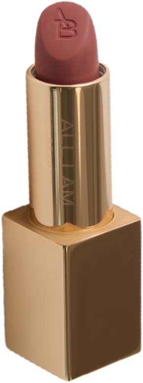 Et rosa leppestift med gull og beige hette. Leppestiftet er litt trukket opp og har et logo øverst.