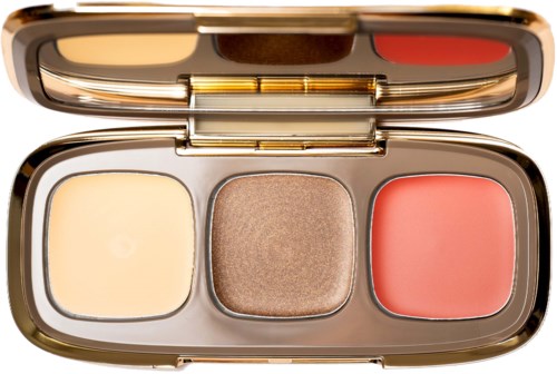 Ett kompakt med tre makeupnyanser: ljus, brunt och rosa. Det har en spegel på locket.