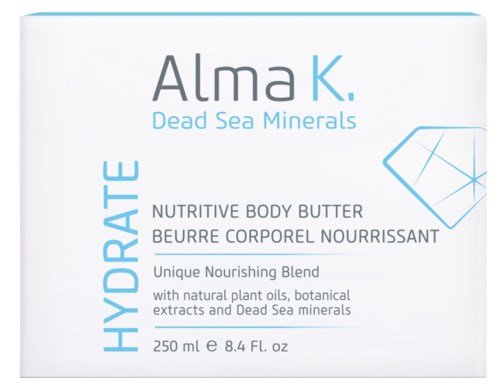 En eske med Alma K Dead Sea Minerals nærende kroppsmør, 250 ml, med planteoljer og mineraler.
