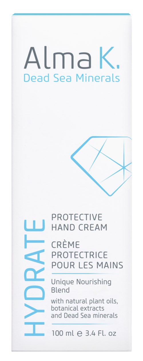 En hvid pakke med håndcreme med blå tekst, der viser mærket Alma K og produktdetaljer for hydrering.