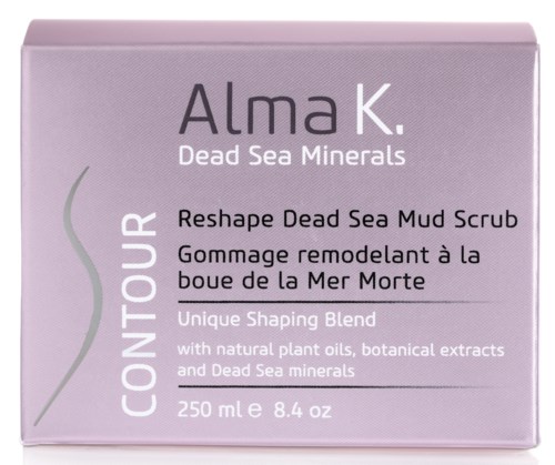 Pakke med Alma K. Dead Sea Minerals skrub med naturlige ingredienser, 250 ml. Har en lyse-lilla farve.