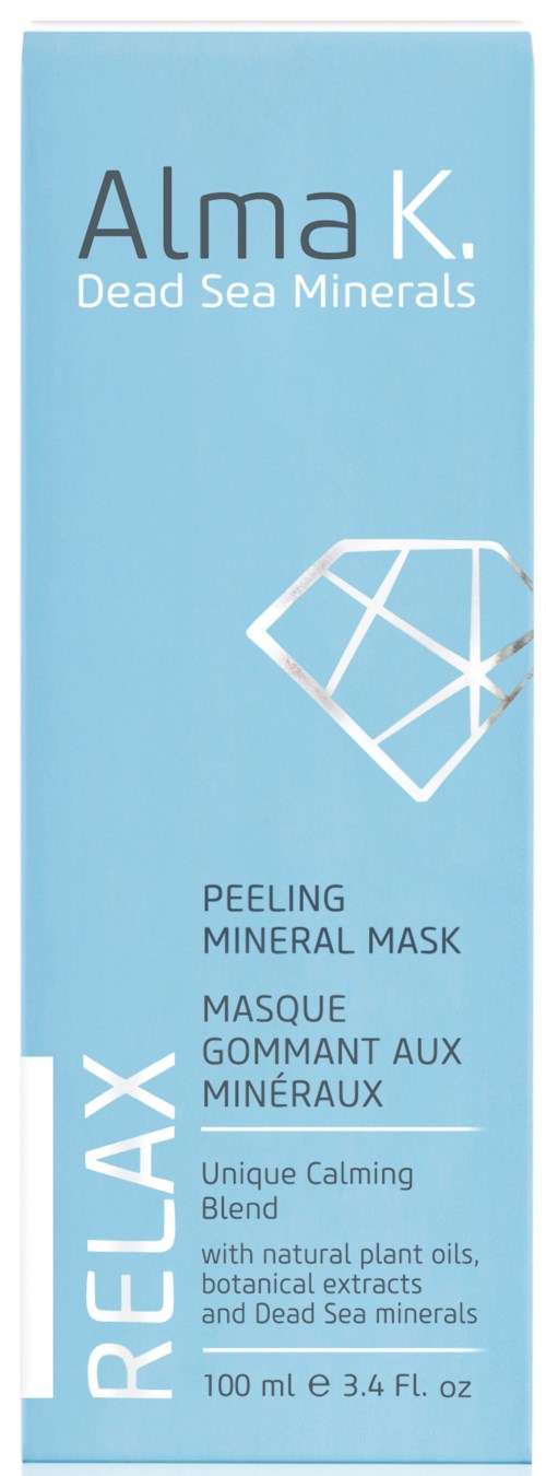 Niebieskie opakowanie z białym tekstem produktu Alma K Dead Sea Minerals maska do twarzy. Pokażę diament i szczegóły produktu.