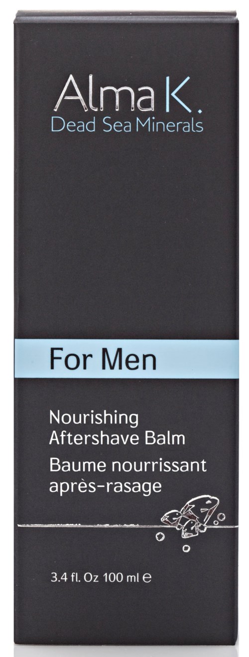 En svart eske for herrepleie, merket som nærende aftershave-balm med blå bånd, inkluderer en liten skateboard-ikon.
