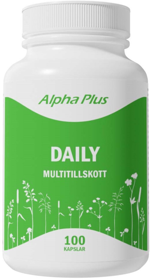 En vit flaska med grön etikett, står "Alpha Plus Daily Multivitamin" med 100 kapslar, och har växtillustrationer.