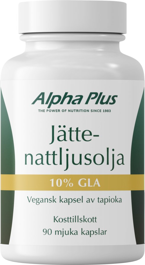 En vit flaska märkt 'Alpha Plus Jättnattljusolja' med gröna och gula accenter, innehållande 90 mjuka kapslar av vegansk kokosolja.