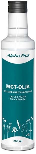 En vit flaska på 250 ml märkt som Alpha Plus MCT-olja med en teal-sektion och växtillustrationer.