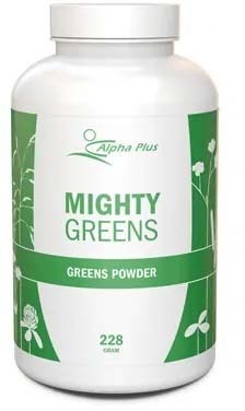 A white bottle labeled "Mighty Greens" with green accents, containing green powder for health. Contains 228 grams.